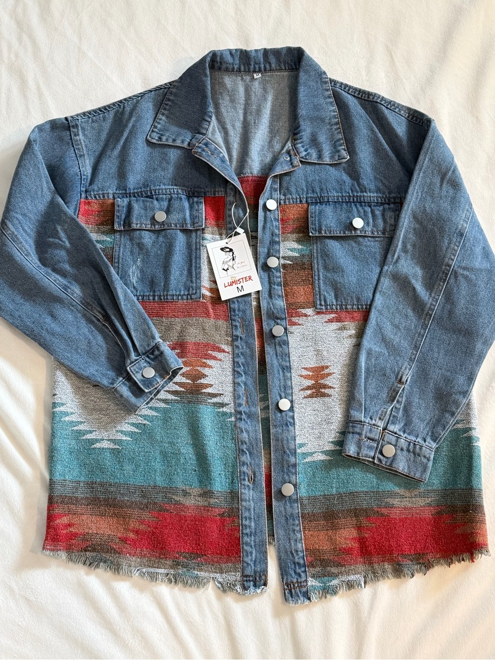 NWT Lumister Denim & Aztec Panel Shacket in Blue/Red - M (304)